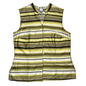 VTG Y2K Womens Top Green Striped Sleeveless Cotton Size 4 Button Up Kidcore